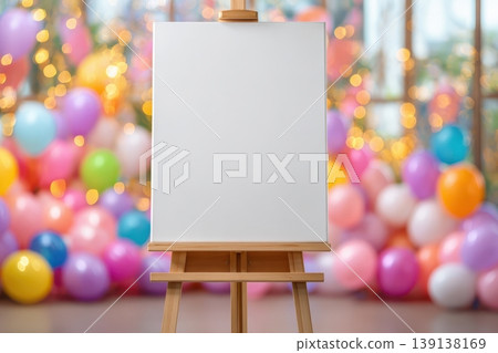 Birthday party background. White blank paper easel template among a holiday settings. Clean greeting card, free space for text against a festive multicolored balloons, ribbons backdrop. Baby shower 139138169