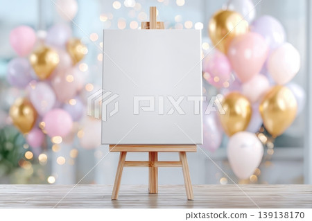 Birthday party background. White blank paper easel template among a holiday settings. Clean greeting card, free space for text against a festive multicolored balloons, ribbons backdrop. Baby shower Birthday party background. White blank paper easel template among a holiday settings. Clean greeting card, free space for text against a festive multicolored balloons, ribbons backdrop. Baby shower 139138170
