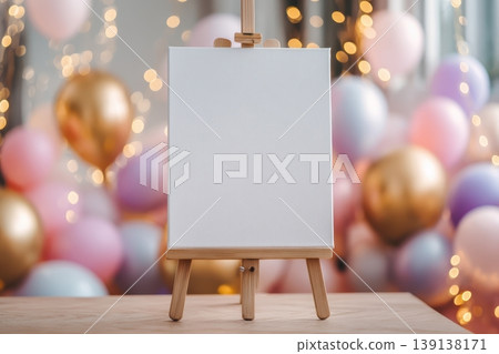 Birthday party background. White blank paper easel template among a holiday settings. Clean greeting card, free space for text against a festive multicolored balloons, ribbons backdrop. Baby shower Birthday party background. White blank paper easel template among a holiday settings. Clean greeting card, free space for text against a festive multicolored balloons, ribbons backdrop. Baby shower 139138171