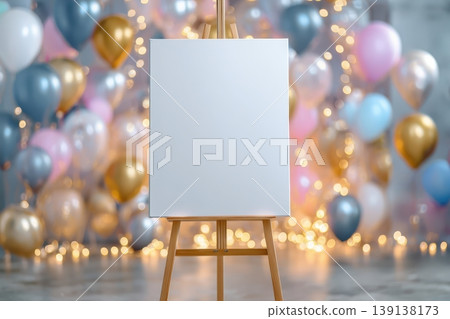 Birthday party background. White blank paper easel template among a holiday settings. Clean greeting card, free space for text against a festive multicolored balloons, ribbons backdrop. Baby shower Birthday party background. White blank paper easel template among a holiday settings. Clean greeting card, free space for text against a festive multicolored balloons, ribbons backdrop. Baby shower 139138173