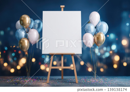 Birthday party background. White blank paper easel template, holiday settings, blue wall. Clean greeting card, free space for text against festive multicolored balloons, ribbons backdrop. Baby shower 139138174