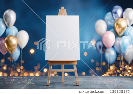 Birthday party background. White blank paper easel template, holiday settings, blue wall. Clean greeting card, free space for text against festive multicolored balloons, ribbons backdrop. Baby shower Birthday party background. White blank paper easel template, holiday settings, blue wall. Clean greeting card, free space for text against festive multicolored balloons, ribbons backdrop. Baby shower 139138175