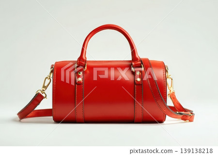 Red color leather bag and metal golden hardware details isolated white background. Fashionable luxury female accessory. Simple shape design. Maroon woman Handbag designed in classic style. Gold clasp Red color leather bag and metal golden hardware details isolated white background. Fashionable luxury female accessory. Simple shape design. Maroon woman Handbag designed in classic style. Gold clasp 139138218
