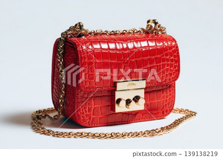 Red color leather bag and metal golden hardware details isolated white background. Fashionable luxury female accessory. Simple shape design. Maroon woman Handbag designed in classic style. Gold clasp Red color leather bag and metal golden hardware details isolated white background. Fashionable luxury female accessory. Simple shape design. Maroon woman Handbag designed in classic style. Gold clasp 139138219