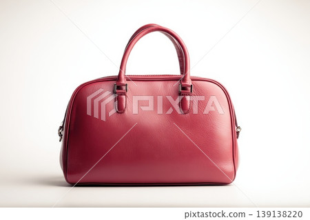Red color leather bag and metal golden hardware details isolated white background. Fashionable luxury female accessory. Simple shape design. Maroon woman Handbag designed in classic style. Gold clasp 139138220