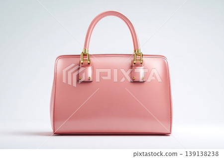 Peach pink color leather bag and metal golden hardware details isolated white background. Fashionable luxury female accessory. Simple shape design. Woman Handbag designed in classic style. Shiny clasp Peach pink color leather bag and metal golden hardware details isolated white background. Fashionable luxury female accessory. Simple shape design. Woman Handbag designed in classic style. Shiny clasp 139138238