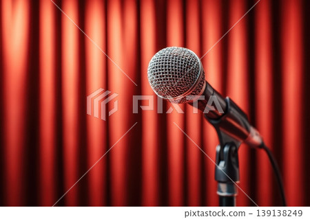 Microphone on the stage in concert hall or conference room. Close-up of a microphone in focus with a blurred red folded curtains background. Public speaking, live events concept. Art performance. Microphone on the stage in concert hall or conference room. Close-up of a microphone in focus with a blurred red folded curtains background. Public speaking, live events concept. Art performance. 139138249