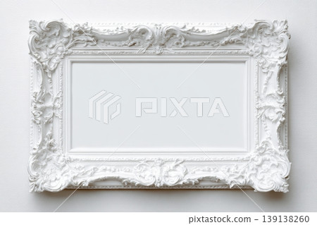 Home interior baroque poster mock up on white wall. Empty mock up. Space for canvas barocco style. Wood painted picture rich decorative photo frame. Pure background. Antique rococo, vintage. Museum 139138260