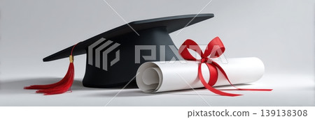 Black graduation cap and diploma tied with red ribbon. Pride and accomplishment. minimal grey background, soft shadows. Degree completion. Graduation marks achievement, success. Educational symbol Black graduation cap and diploma tied with red ribbon. Pride and accomplishment. minimal grey background, soft shadows. Degree completion. Graduation marks achievement, success. Educational symbol 139138308
