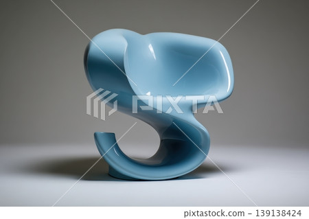 Light blue abstract shape chair. Gray background. Seat is S shaped. Backrest features curved lines, curves. Unique design. Plastic rounded chair designed by art studio. Latest fashion furniture trend Light blue abstract shape chair. Gray background. Seat is S shaped. Backrest features curved lines, curves. Unique design. Plastic rounded chair designed by art studio. Latest fashion furniture trend 139138424