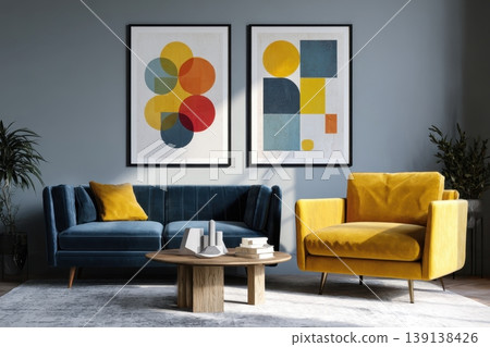Minimalistic soft blue sofa and yellow chair. Gray wall, artwork posters with simple geometric shapes in natural colors. Cream colored floor. Curved backrest in neutral tone. Aesthetic room furniture Minimalistic soft blue sofa and yellow chair. Gray wall, artwork posters with simple geometric shapes in natural colors. Cream colored floor. Curved backrest in neutral tone. Aesthetic room furniture 139138426
