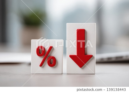 Percentage symbol next to red arrow pointing down. 3d percent sign on office background. Seasonal sale, discount. Rate for finance, return. Investment ROI. Financial concept. Falling interest rates Percentage symbol next to red arrow pointing down. 3d percent sign on office background. Seasonal sale, discount. Rate for finance, return. Investment ROI. Financial concept. Falling interest rates 139138443