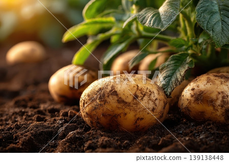 Pile of ripe potatoes on ground in field. Potato plants with tubers in soil. Yellow potato close-up top view. Fresh dirty organic potatoes harvest. Freshly harvested potatoes food farm. Agriculture Pile of ripe potatoes on ground in field. Potato plants with tubers in soil. Yellow potato close-up top view. Fresh dirty organic potatoes harvest. Freshly harvested potatoes food farm. Agriculture 139138448