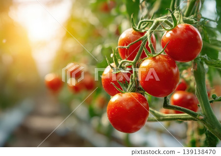 Fresh red tomatoes growing ripening on a vine. Close-up of tomato plant with juicy tomato cluster. Homegrown healthy food. Gardening, control examining harvesting of organic produce. Assorted fruits Fresh red tomatoes growing ripening on a vine. Close-up of tomato plant with juicy tomato cluster. Homegrown healthy food. Gardening, control examining harvesting of organic produce. Assorted fruits 139138470