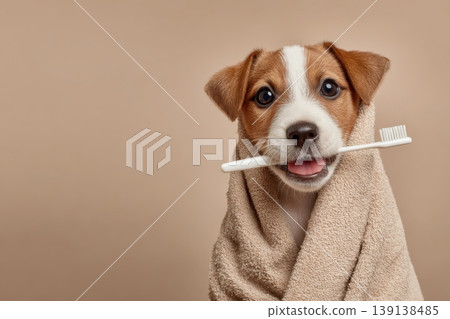Dog with a toothbrush and towel. Smart Jack Russell holds a white toothbrush in its mouth on a beige background. Oral, dental hygiene of pets. Health care banner. Veterinary medicine. Grooming Dog with a toothbrush and towel. Smart Jack Russell holds a white toothbrush in its mouth on a beige background. Oral, dental hygiene of pets. Health care banner. Veterinary medicine. Grooming 139138485