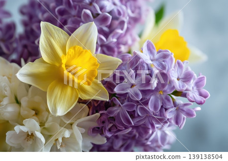 Floral Banner. Yellow, Purple Blooms on White Background. Spring flowers, daffodils and lilac for wedding invitations, greeting card or product mockup Colorful Flower Arrangement. Nature background 139138504