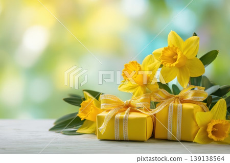 Yellow Flowers and Gift Boxes. Soft blur bokeh lights empty space for design. Garden narcissus bloom on blurred green nature background. Greeting card, banner, website header. Spring floral wallpaper. Yellow Flowers and Gift Boxes. Soft blur bokeh lights empty space for design. Garden narcissus bloom on blurred green nature background. Greeting card, banner, website header. Spring floral wallpaper. 139138564