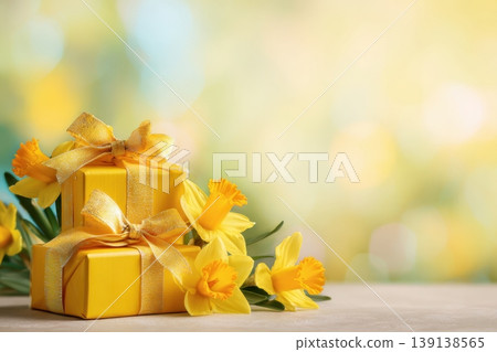 Yellow Flowers and Gift Boxes. Soft blur bokeh lights empty space for design. Garden narcissus bloom on blurred green nature background. Greeting card, banner, website header. Spring floral wallpaper. 139138565