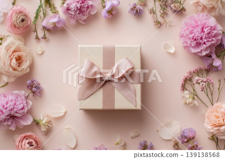 Spring gift. Spring background. Giftbox with flowers on peach beige plain color backdrop. Flower pattern banner. Blossom abstract texture. Beautiful Floral wallpaper. Flat lay. Women Day, 8th March 8 139138568