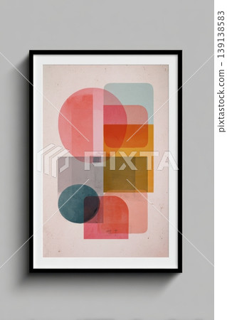 Vertical Poster frame hanging on a gray wall. Simple geometric shapes. Artwork features lines, circle, oval, overlapping squares. Flat color elements. Abstract contemporary designs. For covers, print. 139138583