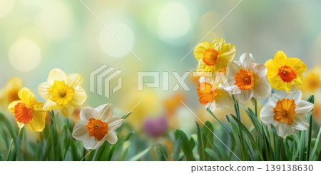 Bright yellow daffodils in bloom, soft bokeh background, dew on petals, warm sunlight, shallow depth of field. Serene garden mood. Vivid delicate spring flowers. Radiant daffodils in morning light. Bright yellow daffodils in bloom, soft bokeh background, dew on petals, warm sunlight, shallow depth of field. Serene garden mood. Vivid delicate spring flowers. Radiant daffodils in morning light. 139138630