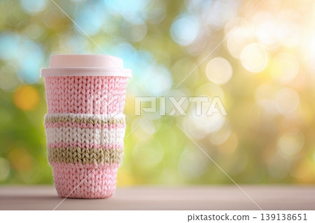 Cute knitted coffee to go cup. Cozy take away paper cup with a textured knitted sleeve against a warm nature light background, exuding comfort in a modern, inviting space perfect for relaxation Cute knitted coffee to go cup. Cozy take away paper cup with a textured knitted sleeve against a warm nature light background, exuding comfort in a modern, inviting space perfect for relaxation 139138651