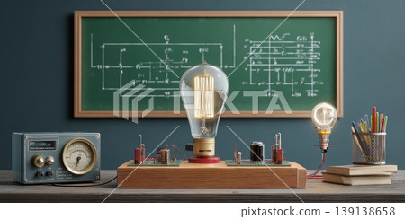 Electrical experience in physics laboratory. Electric circuit and a light bulb on a school chalkboard with formulas text blurred background. Modern Education. Science equipment learning electricity Electrical experience in physics laboratory. Electric circuit and a light bulb on a school chalkboard with formulas text blurred background. Modern Education. Science equipment learning electricity 139138658