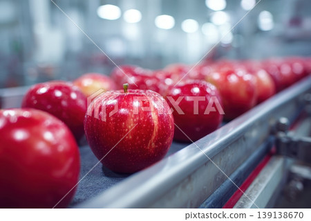 Fresh red apples moving along conveyor belt inside of food processing plant, packaging facility. Apple sorting machine picking fruits. Automatic factory. Closeup. Hightech agriculture production line. 139138670