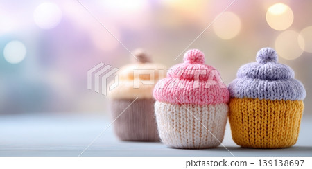Handmade knitted cupcakes on soft tabletop. Colorful three yarn cupcakes with pompom toppers. Bokeh backdrop, pastel color palette handmade. Gentle cozy nursery mood, DIY craft. Children Inspiration. 139138697