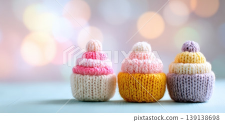 Handmade knitted cupcakes on soft tabletop. Colorful three yarn cupcakes with pompom toppers. Bokeh backdrop, pastel color palette handmade. Gentle cozy nursery mood, DIY craft. Children Inspiration. Handmade knitted cupcakes on soft tabletop. Colorful three yarn cupcakes with pompom toppers. Bokeh backdrop, pastel color palette handmade. Gentle cozy nursery mood, DIY craft. Children Inspiration. 139138698