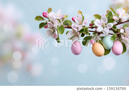 Hanging pastel pink Easter eggs and spring blossom at bokeh light blue turquoise background. Easter banner border. Fresh modern decorative Holiday concept. Apple blossoms budding branch. Tradition 139138700