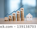 House model, Coins and Percentage icon symbols. Growing cube blocks stairs and arrow graph. Interest rate, financial stock, mortgage concept. Percent sign. Blue background. Inflation, budget. Hypothec 139138703