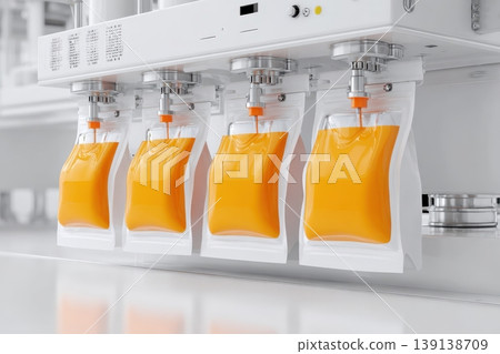 Industrial juice filling line automation sterile. Clear plastic bottles travel on conveyor under precision nozzles. Vibrant orange liquid flows into containers. Modern juice bottling sealing equipment Industrial juice filling line automation sterile. Clear plastic bottles travel on conveyor under precision nozzles. Vibrant orange liquid flows into containers. Modern juice bottling sealing equipment 139138709