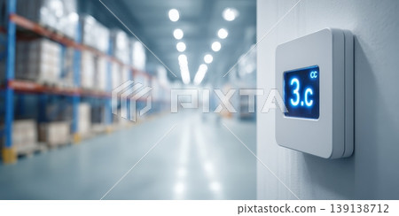 Industrial temperature digital display. A view inside a cold storage warehouse with shelves filled boxes. Gauges display measurements in a large manufacturing facility. Inventory control. Logistic Industrial temperature digital display. A view inside a cold storage warehouse with shelves filled boxes. Gauges display measurements in a large manufacturing facility. Inventory control. Logistic 139138712