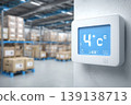 Industrial temperature digital display. A view inside a cold storage warehouse with shelves filled boxes. Gauges display measurements in a large manufacturing facility. Inventory control. Logistic 139138713