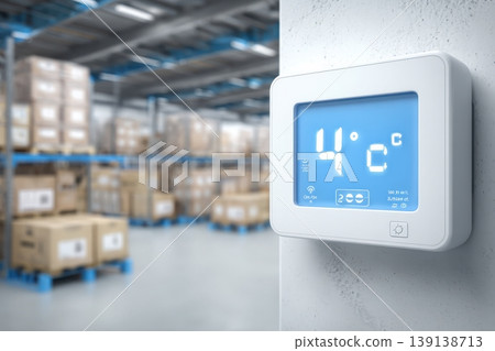 Industrial temperature digital display. A view inside a cold storage warehouse with shelves filled boxes. Gauges display measurements in a large manufacturing facility. Inventory control. Logistic Industrial temperature digital display. A view inside a cold storage warehouse with shelves filled boxes. Gauges display measurements in a large manufacturing facility. Inventory control. Logistic 139138713