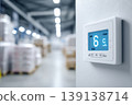 Industrial temperature digital display. A view inside a cold storage warehouse with shelves filled boxes. Gauges display measurements in a large manufacturing facility. Inventory control. Logistic 139138714
