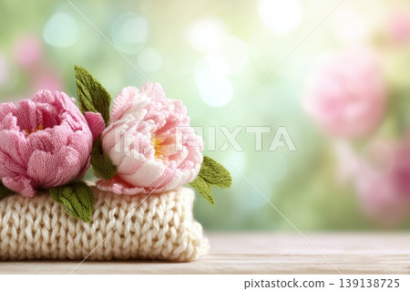 Multicolored knitted flowers banner with free space for text. Pastel blurred garden background. Creative cute modern wool bouquet. Vibrant yarn bloom. Decor projects crafting. Textile craft branding. 139138725