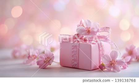 Beautiful pink flowers and wrapped gift box. Soft, celebratory atmosphere, bokeh lights in the background. Banner with space for text. Elegant giftbox. Spring holiday mood. Pastel colored dreamy glow. 139138768