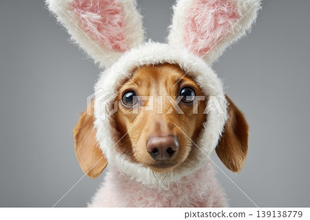 Black tan dachshund dog wearing a white pink bunny ear poses against a grey background. Happy Easter concept. Cute puppy portrait isolated on color. Spring greeting card. Dog dressed rabbit costume Black tan dachshund dog wearing a white pink bunny ear poses against a grey background. Happy Easter concept. Cute puppy portrait isolated on color. Spring greeting card. Dog dressed rabbit costume 139138779