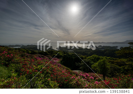 杜鵑花盛開，夕陽西下，映照著大海。 139138841