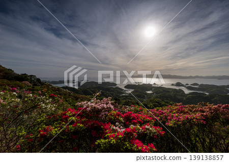 Azaleas in bloom, the sun setting over the sea 139138857