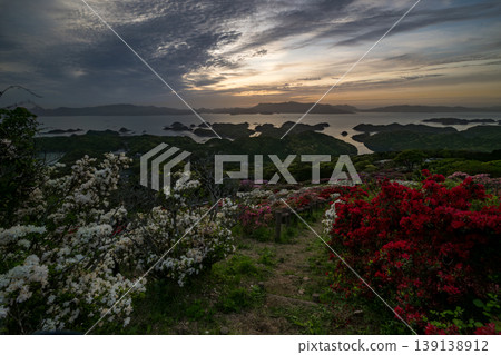 Azaleas in bloom, the sun setting over the sea 139138912