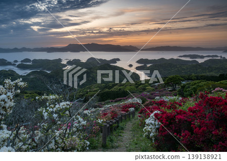 Azaleas in bloom, the sun setting over the sea 139138921