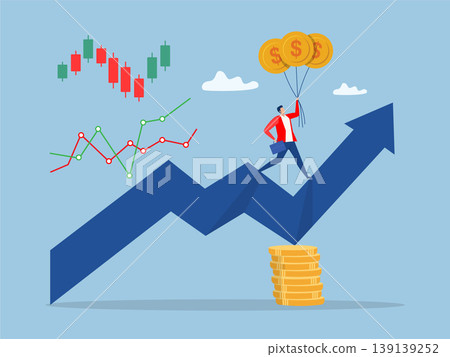 Businessman holding success flag on money stack.grow investment fund and reach goal, income or wealth accumulation, stock market earning concept,Flat illustration Businessman holding success flag on money stack.grow investment fund and reach goal, income or wealth accumulation, stock market earning concept,Flat illustration 139139252