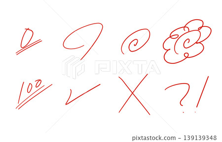 Vector illustration set of red pen symbols for grading and correction (circle, cross, checkmark, 100 points) Vector illustration set of red pen symbols for grading and correction (circle, cross, checkmark, 100 points) 139139348