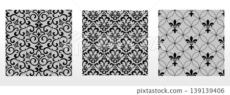 Geometric floral set of seamless patterns. Gray and black vector backgrounds. Damask graphic ornaments Geometric floral set of seamless patterns. Gray and black vector backgrounds. Damask graphic ornaments 139139406
