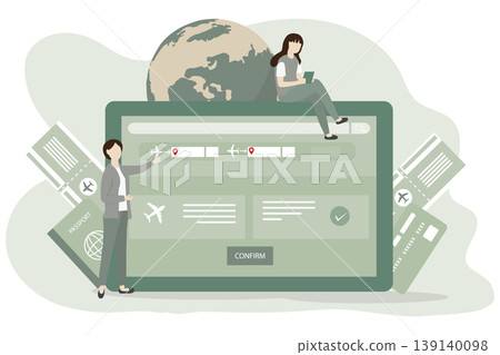 Woman are booking flight ticket online via a virtual iPad. Woman are booking flight ticket online via a virtual iPad. 139140098