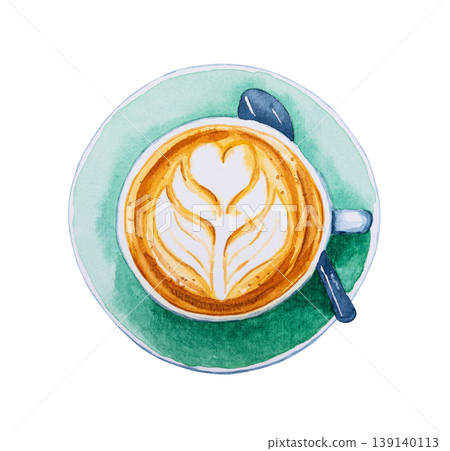 Cappuccino coffee with flower shape pattern in ceramic cup. Hand drawn watercolor Cappuccino coffee with flower shape pattern in ceramic cup. Hand drawn watercolor 139140113