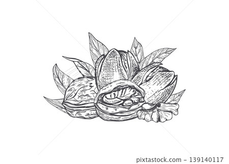 Hand drawn walnuts in various stages, green hull, hard shell, and edible kernel vector composition. Fresh nuts with leaves sketch black ink illustration. Engraving style organic snack design Hand drawn walnuts in various stages, green hull, hard shell, and edible kernel vector composition. Fresh nuts with leaves sketch black ink illustration. Engraving style organic snack design 139140117